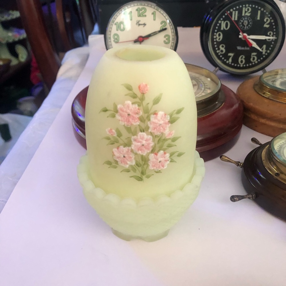 Fenton Pastel Green Fairy Lamp with Pink Floral Design. Uranium custard glass.